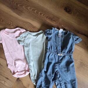 Carters Baby Girl Denim Romper + Pink & Mint Onesies